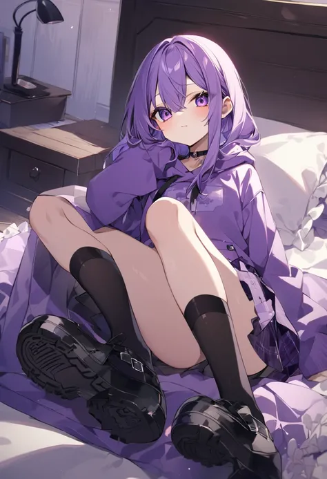 Keito。Purple Eyes。Purple Hair。Purple Skirt。Black shoes下。Black shoes。Purple hoodie。Purple Bed
