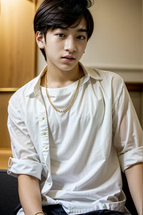 Korean young man, short black hair, Caucasian skin, with Nike blouse, with a gold chain of black eyes 