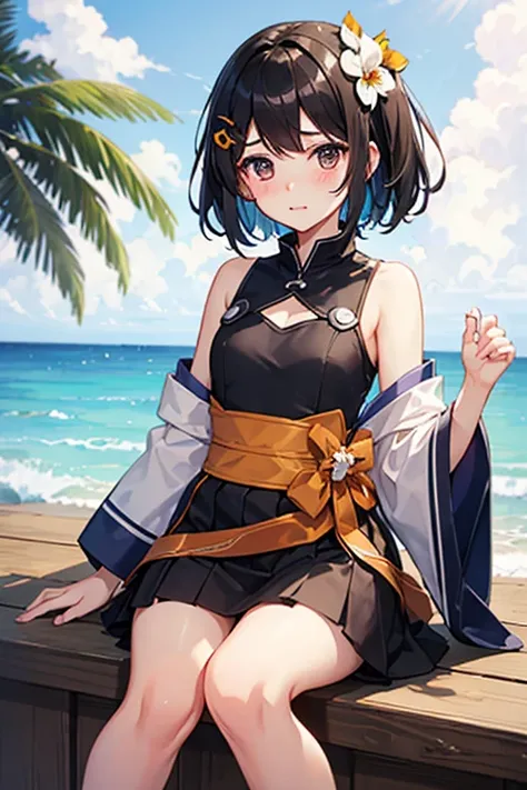 Highest quality、whole body、Black Hair、Iris、short hair、girl、cute、16 years old、、Small hair ornament、1 person、Cosplay、Island Breeze_Kantai Collection、Embarrassed look、blush、