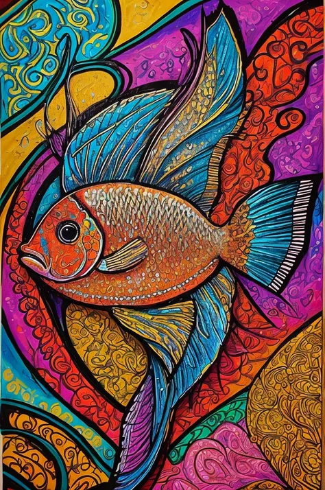 A vibrant 2D illustration of a single One Piece-themed fish, designed with intricate, colorful, and detailed styles similar to the provided images. The fish should have unique, fantastical designs inspired by the One Piece universe, incorporating elements ...