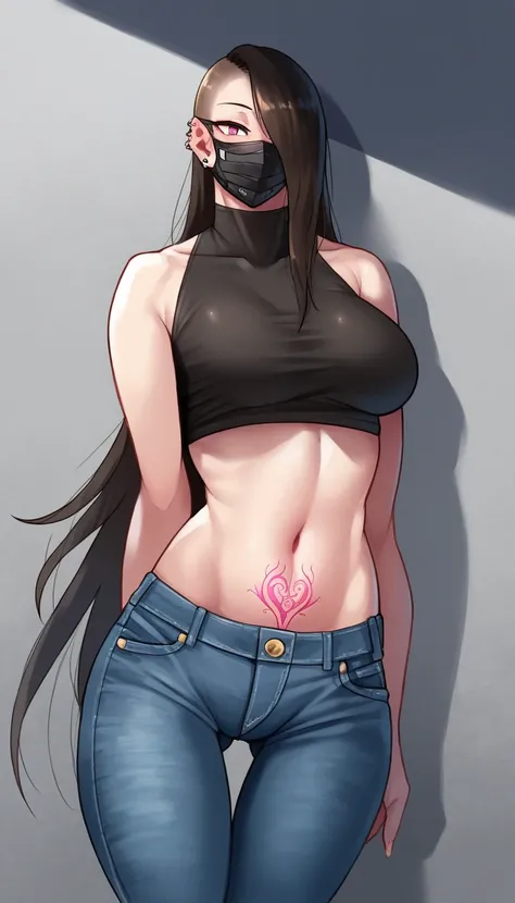 (zPDXL2),  score_9_up, ((adult)), (Human:1.2), (female), with Center parted long black hairstyle, (wearing half mask, covers the 1eye), cropTop, slut tattoo, shows stomach, trousers, thigh visible, show legs, scene background, BREAK
 AissistXLv2, unaesthet...