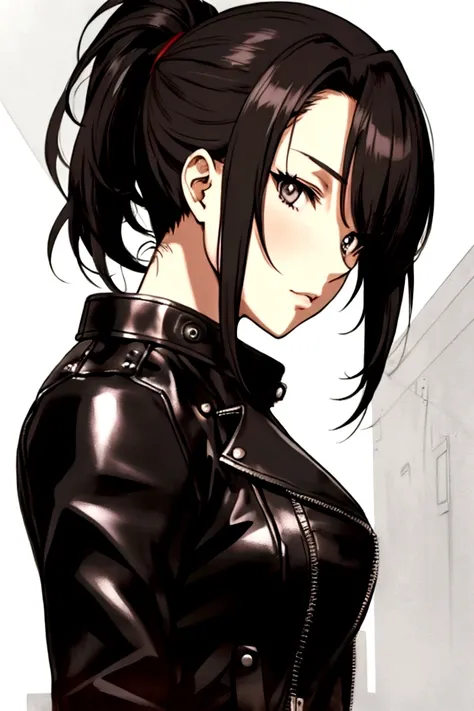 Anime girl,wearing a black biker leather jacket,ponytail black hair,beautiful face,