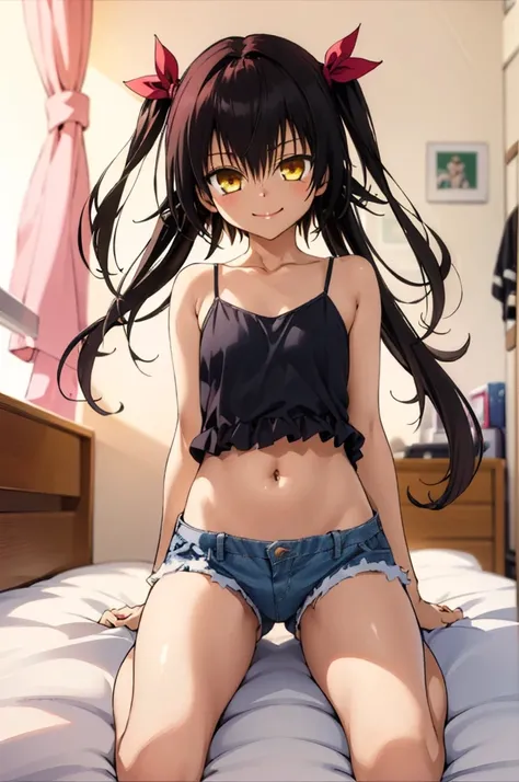 1girl, aster nemesis, dark-skinned female, black hair, very long hair, yellow eyes, flat chests , twin tails, looking at viewer, , smile,,my room,,,,8yo,camisole,denim shorts,navel,socks