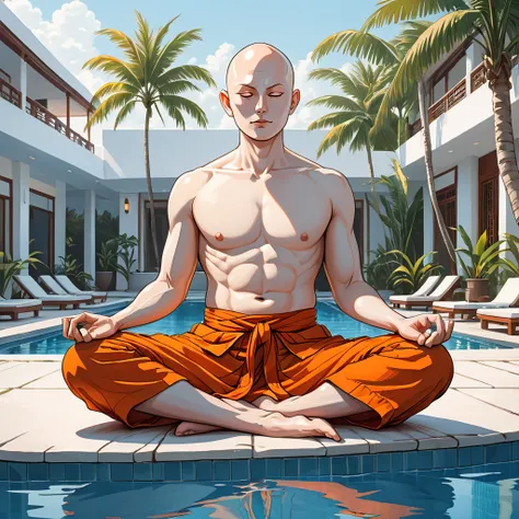 blind buddhist monk sitting in lotus position next to the pool at the white hotel, tropical, palm, white hotel, pool, round face...