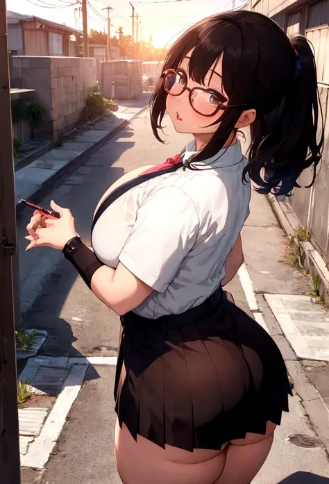 Anime-style image of a woman wearing a short skirt and glasses, {train},{Grab the strap with both hands},hyperRealistic , a hyperRealistic , chic, Realistic , , Gwaiz, artwork in the style of Gwaiz, (SFW) Safe at Work, [ 4k digital art ]!!, Short full body...