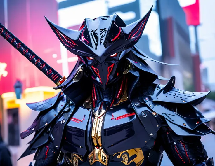 araffe dressed in a black suit holding a sword and a sword, cyborg samurai, cyber japan samurai armor, cyberpunk samurai, very beautiful cyberpunk samurai, full samurai armor spiderman, bio - mechanical ninja samurai, portrait of a cyberpunk samurai, cyber...