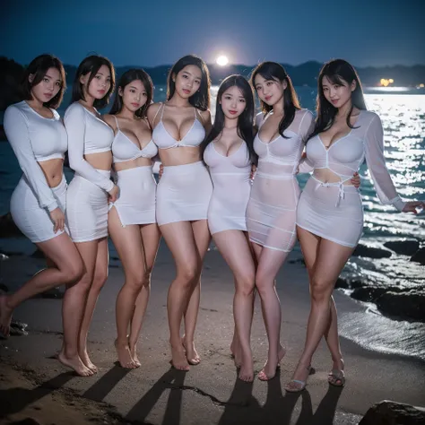 A group of young Korean women with admirable beautiful faces, wearing tight short vietnamese ao dai，skirts, light through Gauze material， lots of clothing details, reflect moonlight, at night, by the sea, making stand split pose，smiling ,night，Moonlight sh...