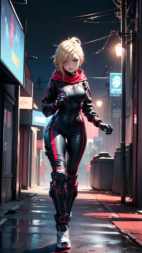 top-quality、Top image quality、​masterpiece、evil girl with((18year old、Red, black and blue glowing cyber suit, falda corta, blonde hair streaked with lots ofred, black and blues hihlights, mystical,、Shining Cyber White Hoodie、Best Bust、Bust 90、Blonde Away T...