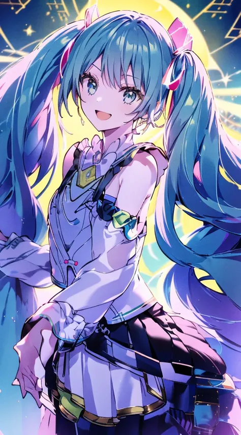 (fluorescence light green long hair:1.6,,),(twintails), (small breasts ),slender、hatsune_miku,Super Idol　beautiful girl,Cute Smile,Sky,Sexy outfit with sparkling bright yellow and white skin visible　mysterious　Fantasy　constellation　moon　Crystal Sparkle　Aur...