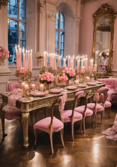 high quality,Official Art,bridal,Party,ガーデンParty,Western style,Antique furniture,Pink Candles,Lots of candles,Stylish,Instagram style,