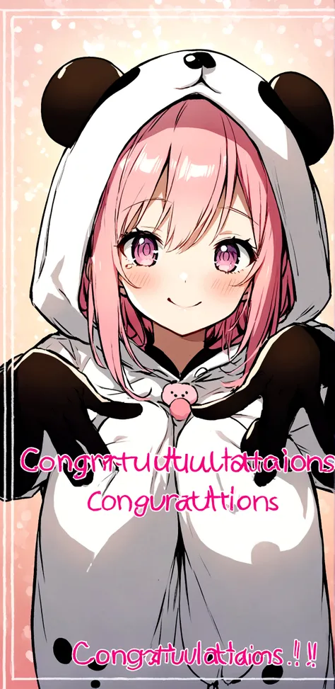 anime、Girl in panda costume、Pink Hair、Pink Eyeole under the eye、Cute pose、Congratulations