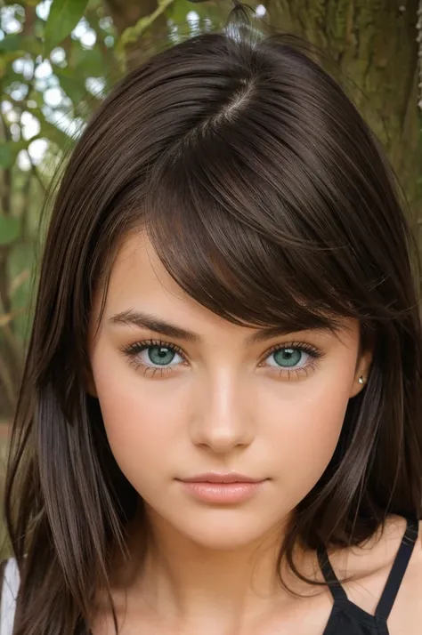 Beautiful girl with dark brown hair and mismatch eyes right is grown and left is forest green 
