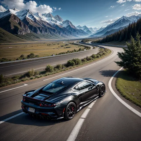 highway, mountains, sports car at speed