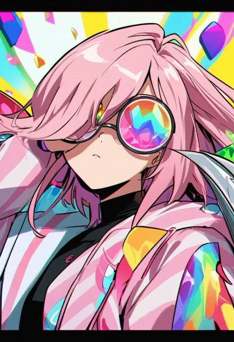 A woman with pink hair、Wearing futuristic round glasses with colorful gemstones in the frames、Covering eyes。, Long, sharp claws, Cute anime style, Y2K aesthetics, Simple Background, Black tank top, Pink striped jacket, 