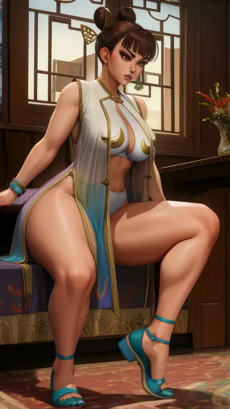 Sexy chun li, brown hair, brown eyes,  double bun,  hair ribbon,  
pelvic curtain,  mini vestido color azul ajustado, bangles,  cleavage,  shoes, 
thick thighs,   leg up, enormes pechos, cintura delgada y un enorme trasero.
Noche,  temple,  indoors, 
(insa...