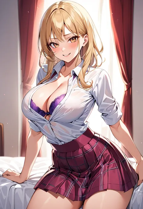 10th Generation,A beautiful woman,Beautiful breasts,Tight waist,Moe,Blonde,A short-hemmed white button-up collared shirt,Tie the hem of the shirt,Purple fancy satin bra,Red checkered pleated skirt,Show off your body,Provocative smile,Cleavage