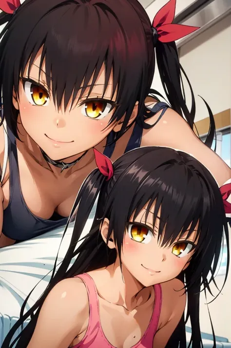 1girl, aster nemesis, dark-skinned female, black hair, very long hair, yellow eyes, flat chests , twin tails, looking at viewer, , smile,,my room,,,,8yo,sports bra,leggings