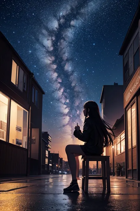 Octane, null, star (null), scenery, starry null, night, One girl, night null, alone, Outdoor, building, cloud, milky way, Sitting, wood, Long Hair, city, silhouette, cityscape  ,Masterpiece , Highest quality