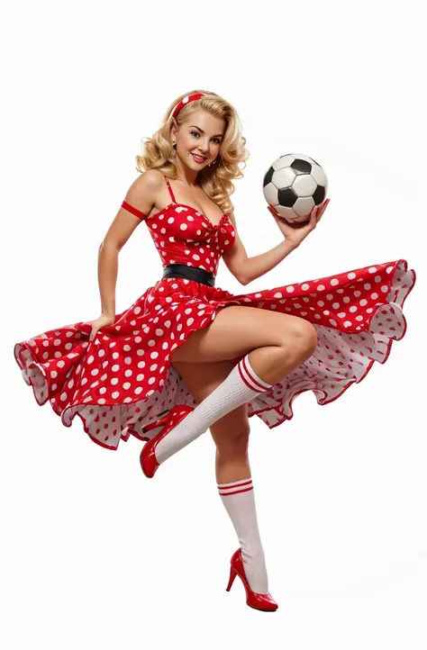 smiling blonde pin-up girl holding a soccer ball in her hands, full length in a red dress with big polka dots, wavy short pin-up...