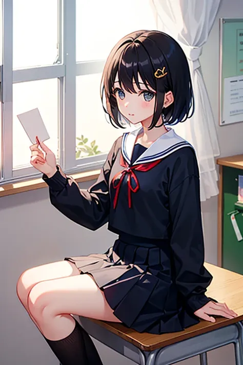 Highest quality、whole body、Black Hair、Iris、short hair、girl、cute、16 years old、、Small hair ornament、1 person、Sailor suit、Red ribbon、Navy blue pleated skirt、Black knee-high socks、classroom、Love Letter、Hand it over shyly