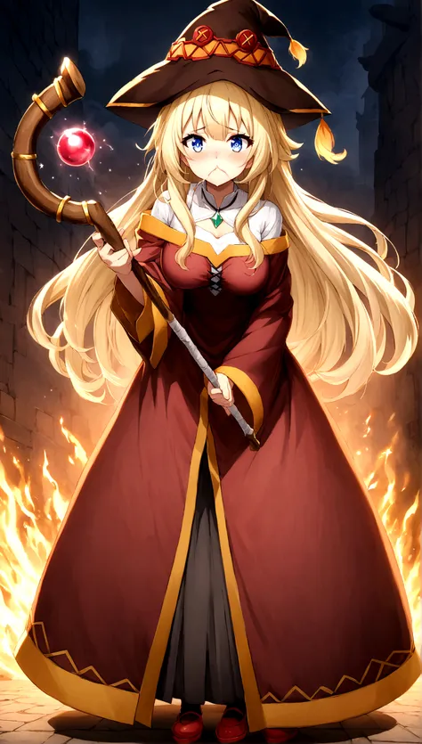 anime. kono subarashi sekai ni shukufuku wo. megumin. 1 girl. cutie. enchantress. mag. blonde. long hair. hair ornament. blue ey...