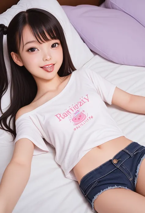 ollarbone,pastel colors t-shirt,off-shoulder look,bare shoulder,midriff peek,micro shorts,open mouth,tongue out,cum on tongue,lying,Selfie,looking ahead,from above,side view,cowboy shot,(1girl,Beautiful 14 year old girl),((Slender,Small breasts,Small face,...