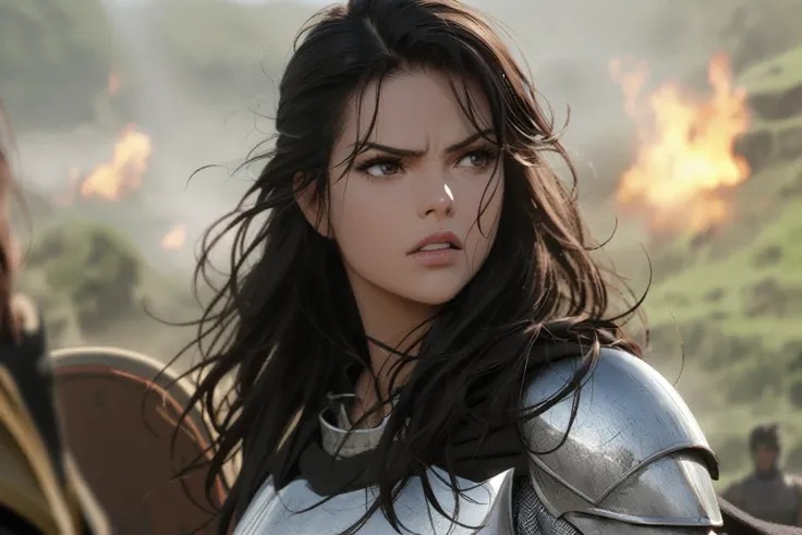 Arafed woman in armor with sword and shield in scene, Jaimie Alexander as Lady Sif, angry dark-haired women, still from the film &quot;THOR&quot;,Marvel movie, beautiful female knight, , anime style, Hair blowing in the wind, long strands of facial hair