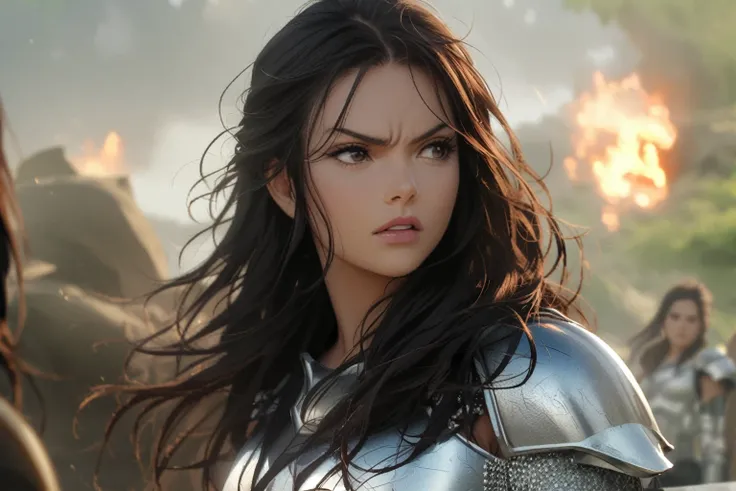 Arafed woman in armor with sword and shield in scene, Jaimie Alexander as Lady Sif, angry dark-haired women, still from the film &quot;THOR&quot;,Marvel movie, beautiful female knight, , anime style, Hair blowing in the wind, long strands of facial hair