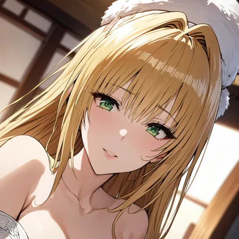 ((Highest quality)), ((masterpiece)), (detailed), （Perfect Face）、The woman is a Tier, with green eyes, medium-long blonde hair, a Japanese wedding dress called a Shiromuku, a cotton hat, a Japanese-style wedding ceremony, and an engagement ring.