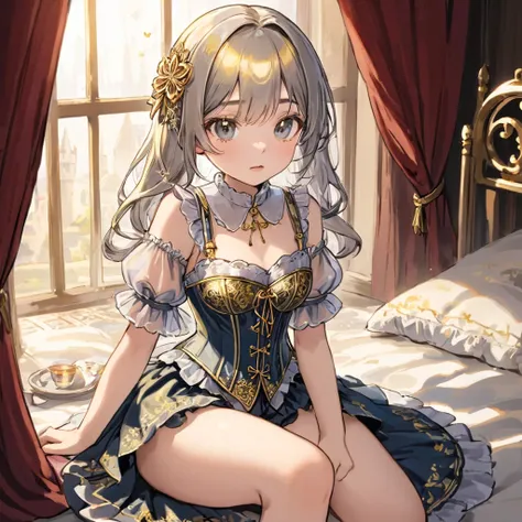 8 year old medieval girl, １people、Pajamas、Gold and silver thread embroidery、Translucent underwear that reaches below the knee（Bloomers）wear、wear a semi-transparent corset、Translucent slip