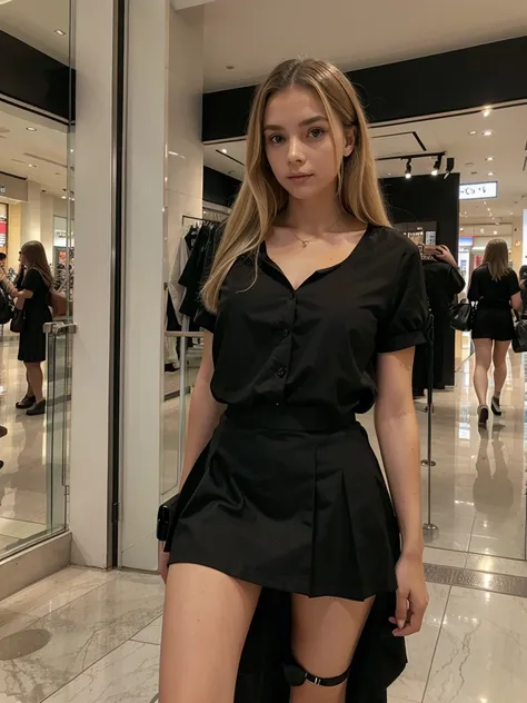 young blonde woman in black blouse and skirt at the mall