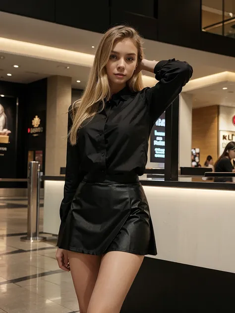 young blonde woman in black blouse and skirt at the mall