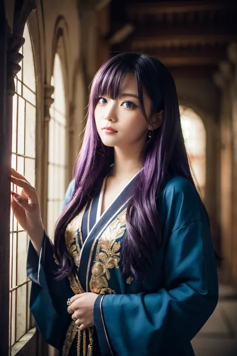 ((masterpiece)), ((best quality)), (ultra-detailed), ((kawaii)), cute, (lovely), ((extremely detailed)), 4K, (8K), ancient, young, girl, Japanese, solo, necromancer, beautiful purple hair, beautiful blue eyes, ((beautiful eyes)), long hair, little smile, b...