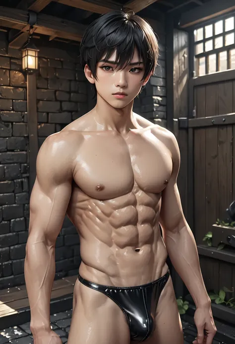 high quality, detailed, (16 years old japanese idol boy), (detailed black eyes), (black short hair), (abs:1.5), (shiny skin), (bulge:1.2),(detailed nipples), black tiny thong, yard, dungeon, (best quality,4k,8k,highres,masterpiece:1.2),ultra-detailed,(real...