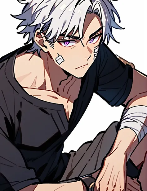 Greek boy with white hair, violet eyes, wearing a black Greek shirt and ancient sandals, with bandages on his cheek and arm, with an impressed look, with a white background