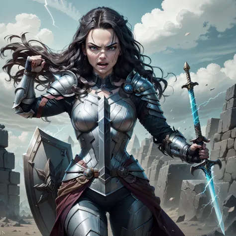 Arafed woman in armor with sword and shield in scene, Jaimie Alexander as Lady Sif, angry dark-haired women, still from the film &quot;THOR&quot;,Marvel movie, beautiful female knight, , anime style, Hair blowing in the wind, long strands of facial hair