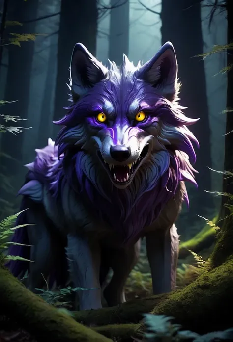 a mysterious creature lurking deep in the cursed forest。its body resembles that of a large wolf.、the fur is purple and glows str...