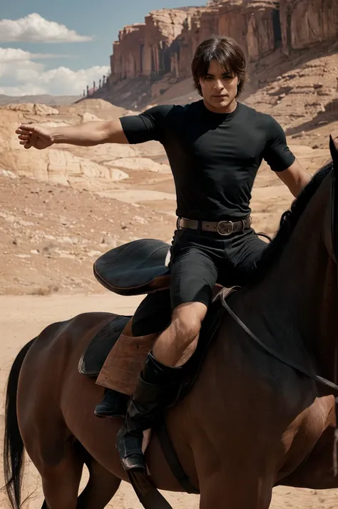 "Damon Salvatore, with a bulky and muscular physique, exudes a badass aura as he rides a powerful black horse across a rugged terrain under the blazing sun. He wears black shades that shield his intense gaze, adding to his mysterious and commanding presenc...