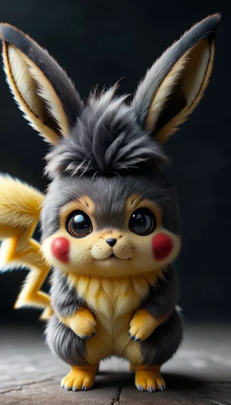 zhibi, furry pokemon, Realistic Pikachu|神奇宝贝风格的小猫monster, "monster", cute的, Colored yellow fur, 巨大的cute美丽的细致赤壁眼睛, cute, eye contact, 8K, Human Development Report, Raw, Surrealism, Extremely detailed, Clear focus , black background,  , Fine fur 