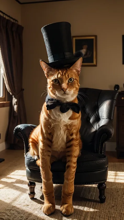 a cute fat orange tabby cat, wearing a black top hat and monocle on left eye, sitting on a plaid armchair, indoor scene, highly detailed, intricate, photorealistic, 8k, studio lighting, vibrant colors, masterpiece