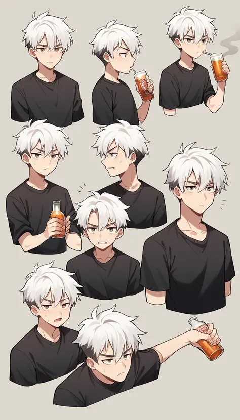 Highest quality, (8K, 16K, Awards, Highest quality, High resolution, Super Detail, gender: Male Age group: Middle-aged hairstyle/color: White hair Person pose: Drinking alcohol with a cigarette nearby: Serious gaze: Front Clothing：Black shirt: Scenes and s...