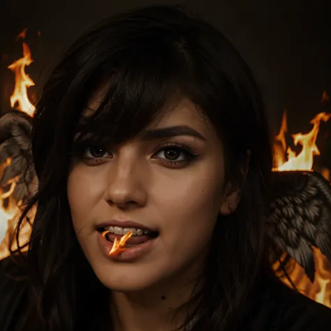 beautiful dark angelic eye with fire and teeth, dark