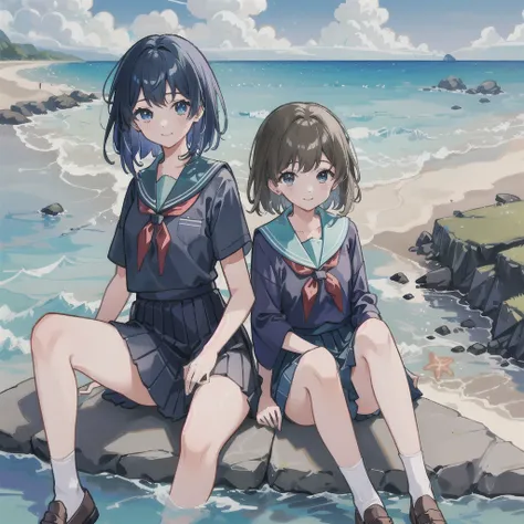 ((最high quality, 8K, masterpiece: 1.3, Ultra HD, high quality, 最high quality, High resolution, realism)) 、Two people、Two peopleの女子、Very beautiful 18 year old Japanese schoolgirl、Im wearing a sailor suit、Wearing a navy blue pleated skirt、Wear loafers、Hair  ...