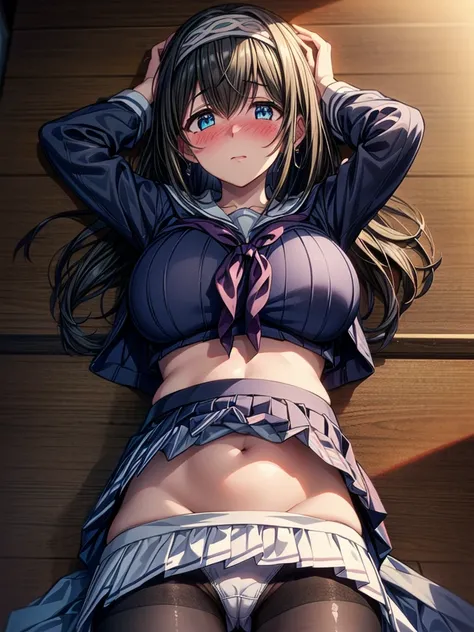 nsfw, (highly detailed beautiful face and eyes:1.2), (((lying))), nsfw, bbfumika, idolmaster, long hair, hairband, ((Sailor School uniform)), ((huge breasted)), Brown panties under pantyhose, torn pantyhose, pussy cutout pantyhose, ((white pantie)), 1girl,...