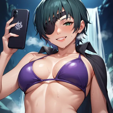 mature female, mature, Adult, himeno, himeno(Chainsaw Man), 1girl, black hair, short hair, eyepatch, solo, blush, phone, octopus symbol, seductive smile, grin, aroused, in heat, nsfw, steam, breath, sweat, drooling, Villains, chest, View your audience, sex...