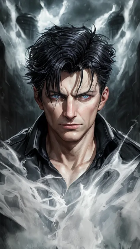 Jack Harkness male supervillain, black hair, blue eyes, smirk, white skin, sexy, (best quality,4k,8k,highres,masterpiece:1.2),ultra-detailed,(realistic,photorealistic,photo-realistic:1.37),superhero,evil,villainous,intense gaze,detailed facial features,dra...