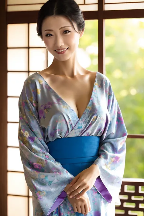 (最high quality、Tabletop、8K、Best image quality、Award-winning works)、(一人のbeautiful成熟した女性:1.1)、Mature wrinkled face、(Innkeeper:1.1)、(Elegant floral kimono:1.2)、(V-neck kimono:1.2)、Perfect mature woman portrait photo、Glowing Skin、Standing Elegantly、(Blurred el...