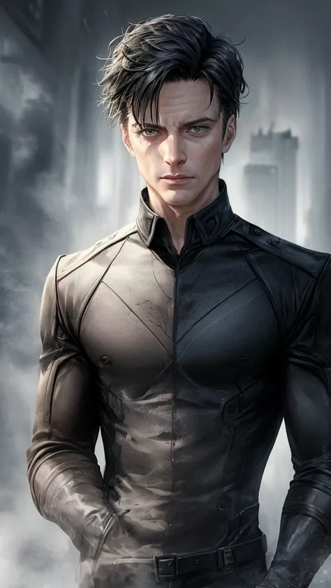 Jack Harkness male supervillain, black hair, blue eyes, smirk, white skin, sexy, (best quality,4k,8k,highres,masterpiece:1.2),ultra-detailed,(realistic,photorealistic,photo-realistic:1.37),superhero,evil,villainous,intense gaze,detailed facial features,dra...