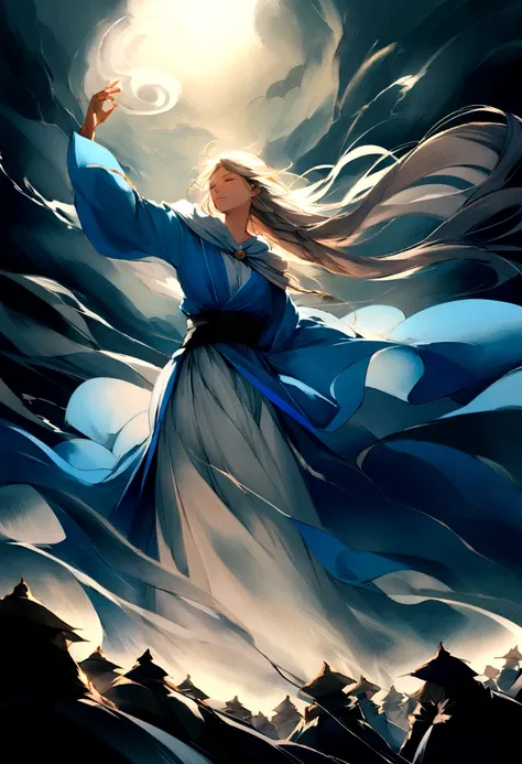 Create an illustration ofA mage garbed in azure robes, their hair dancing in the breeze, their spells conjuring swirling vortexes of wind to buffet their enemies. Their presence is as ephemeral as a passing breeze, yet their spells carry the force of a rag...