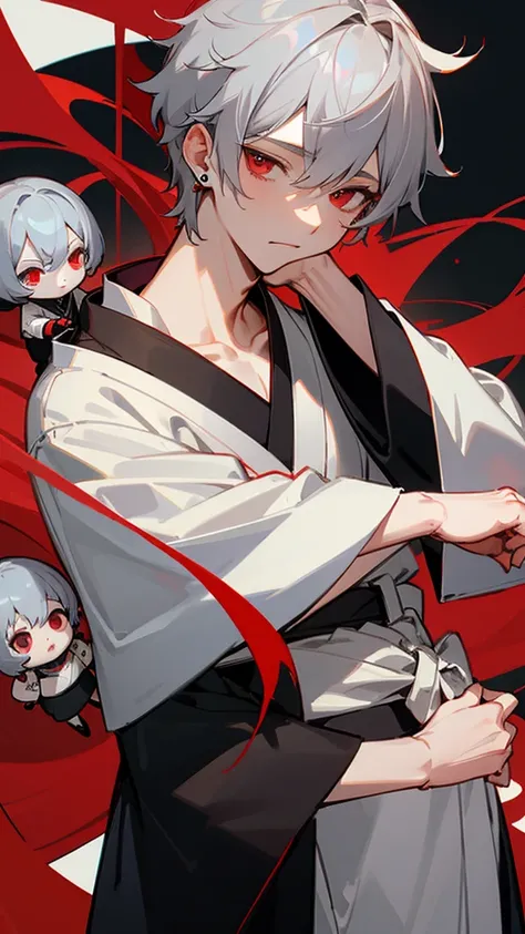 male、Gray Hair、Berry Short、Red Eye、Earrings、Black and white kimono、There are dolls around、actor